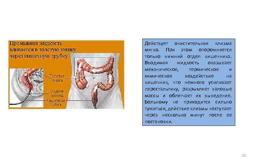 Действует очистительная клизма мягко. При этом опорожняется только нижний отдел кишечника. Вводимая жидкость оказывает