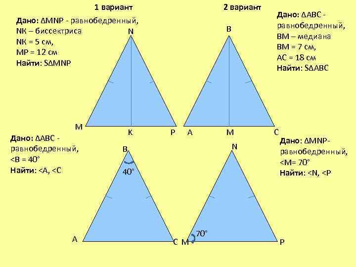 1 вариант Дано: ∆MNP - равнобедренный, NК – биссектриса N NК = 5 см,
