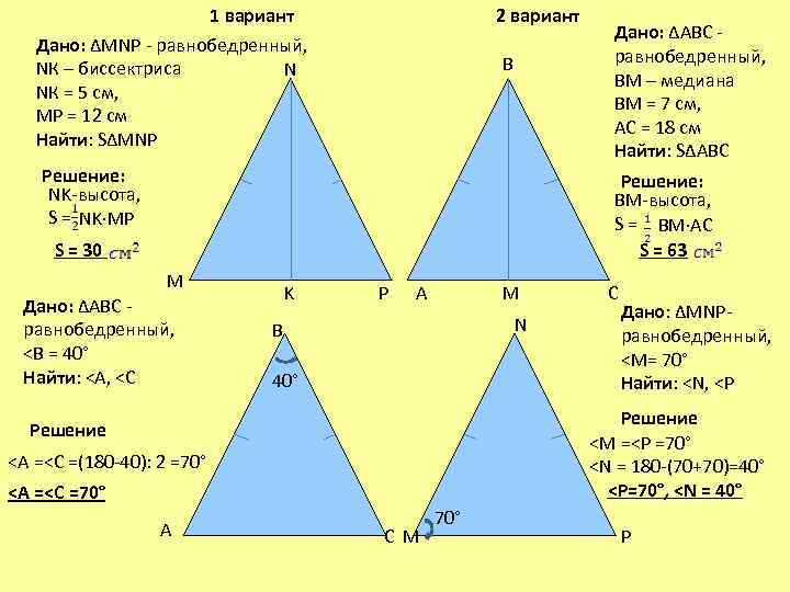 1 вариант Дано: ∆MNP - равнобедренный, NК – биссектриса N NК = 5 см,