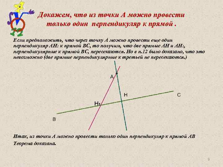Докажем, что из точки A можно провести только один перпендикуляр к прямой. Если предположить,