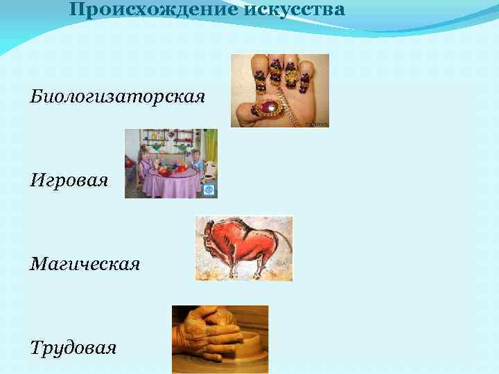 Происхождение искусства Биологизаторская Игровая Магическая Трудовая 