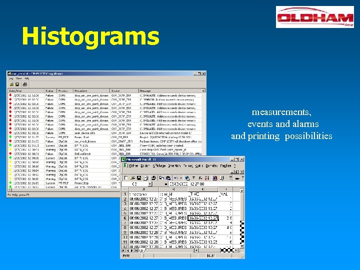 Histograms measurements, events and alarms and printing possibilities 