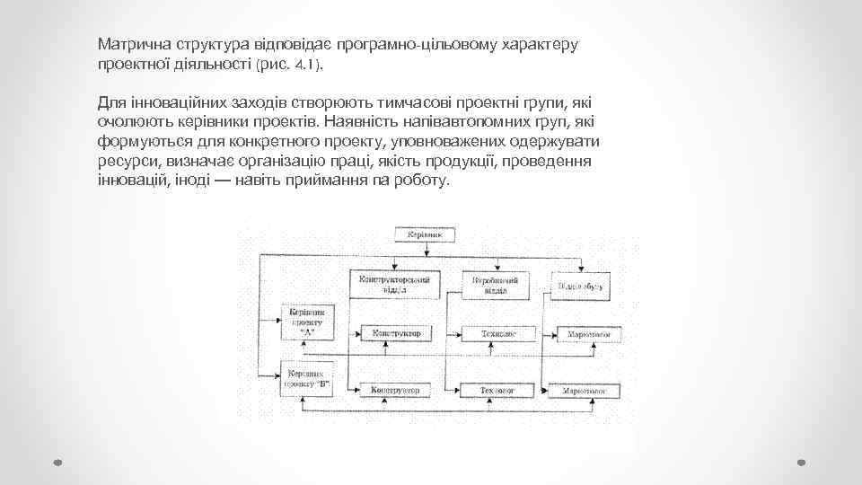 Матрична структура відповідає програмно-цільовому характеру проектної діяльності (рис. 4. 1). Для інноваційних заходів створюють