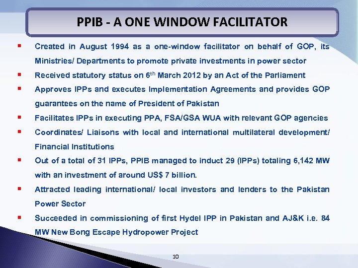 PPIB - A ONE WINDOW FACILITATOR § Created in August 1994 as a one-window