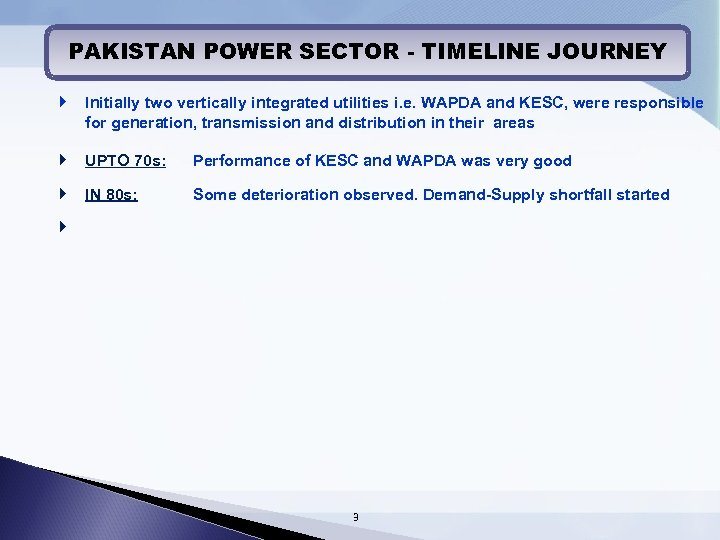 PAKISTAN POWER SECTOR - TIMELINE JOURNEY Initially two vertically integrated utilities i. e. WAPDA