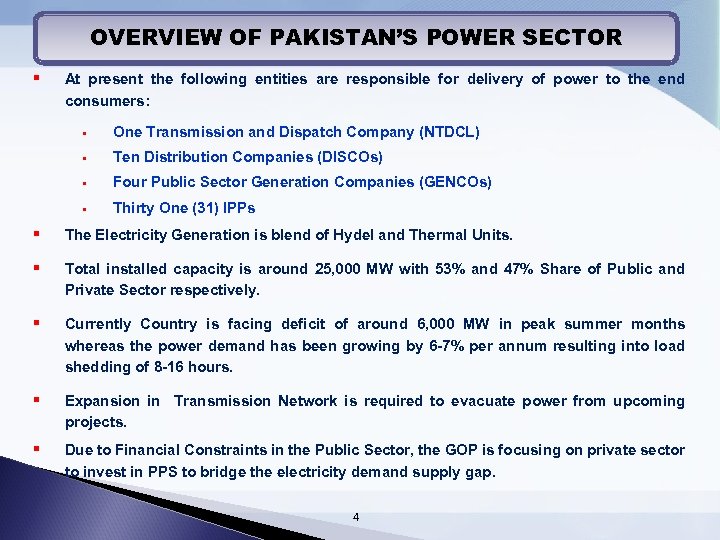 OVERVIEW OF PAKISTAN’S POWER SECTOR § At present the following entities are responsible for