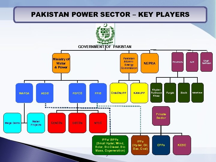 PAKISTAN POWER SECTOR – KEY PLAYERS GOVERNMENT OF PAKISTAN Pakistan Atomic Energy Commission Ministry