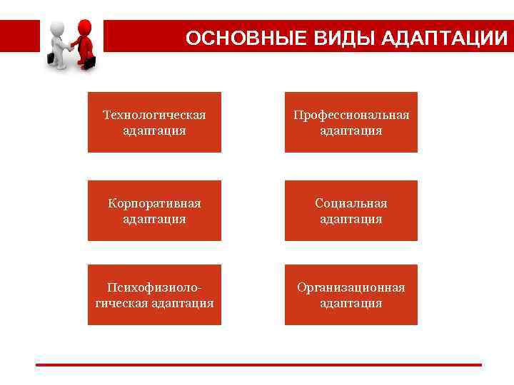 ОСНОВНЫЕ ВИДЫ АДАПТАЦИИ Технологическая адаптация Профессиональная адаптация Корпоративная адаптация Социальная адаптация Психофизиологическая адаптация Организационная