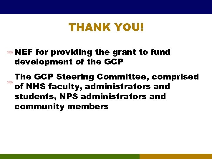 THANK YOU! NEF for providing the grant to fund development of the GCP The