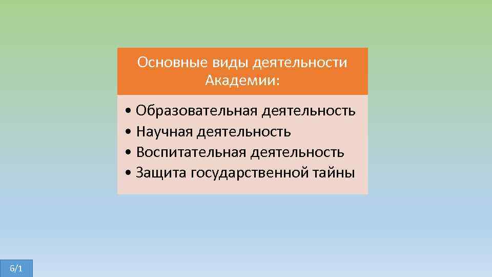 Основные виды деятельности Академии: • Образовательная деятельность • Научная деятельность • Воспитательная деятельность •