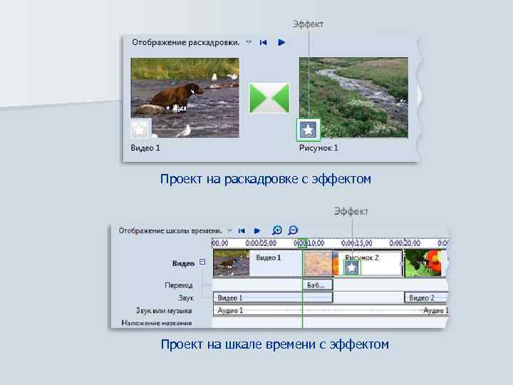 Проект на раскадровке с эффектом Проект на шкале времени с эффектом 