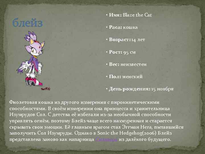 блейз • Имя: Blaze the Cat • Раса: кошка • Возраст: 14 лет •