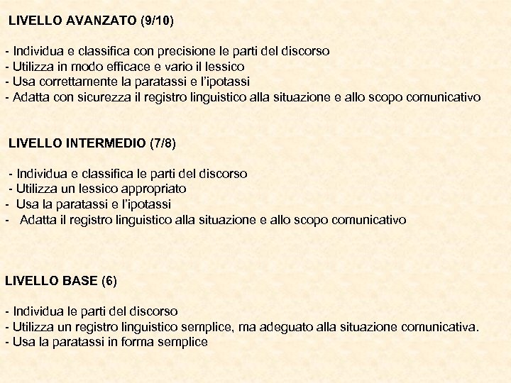  LIVELLO AVANZATO (9/10) - Individua e classifica con precisione le parti del discorso