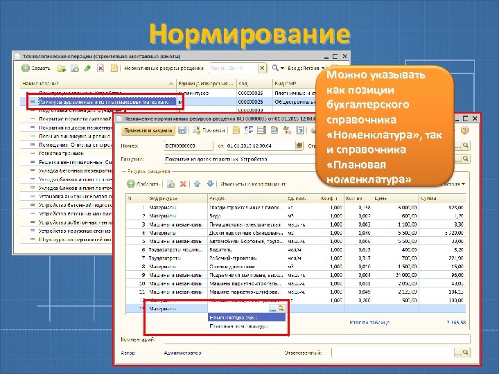 Нормирование Можно указывать как позиции бухгалтерского справочника «Номенклатура» , так и справочника «Плановая номенклатура»