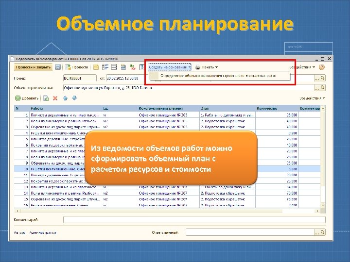 Объемное планирование Из ведомости объемов работ можно сформировать объемный план с расчетом ресурсов и