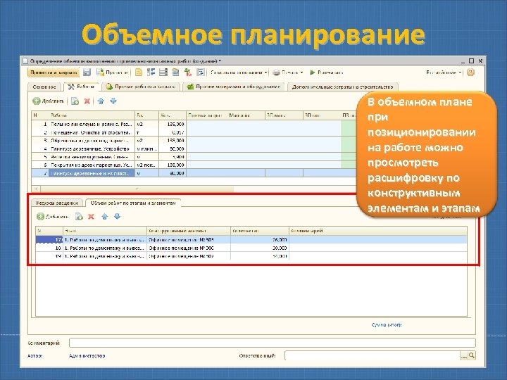 Объемное планирование В объемном плане при позиционировании на работе можно просмотреть расшифровку по конструктивным
