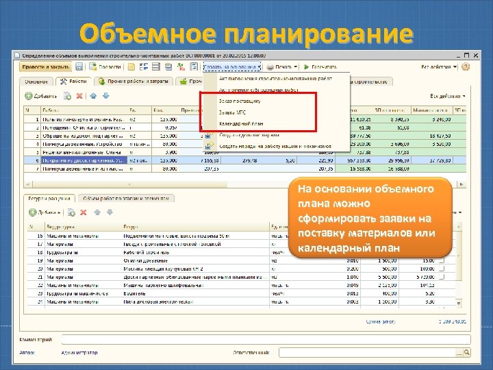 Объемное планирование На основании объемного плана можно сформировать заявки на поставку материалов или календарный