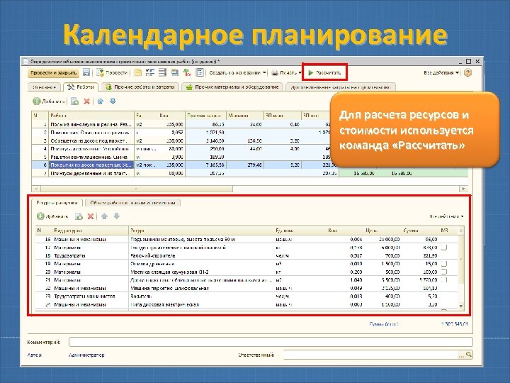 Календарное планирование Для расчета ресурсов и стоимости используется команда «Рассчитать» 
