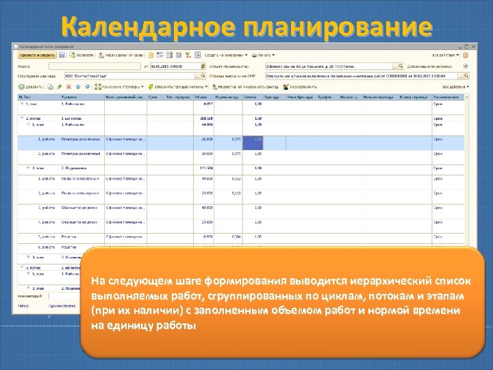 Календарное планирование На следующем шаге формирования выводится иерархический список выполняемых работ, сгруппированных по циклам,