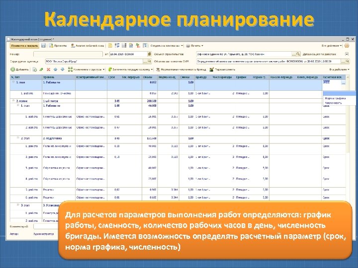 Календарное планирование Для расчетов параметров выполнения работ определяются: график работы, сменность, количество рабочих часов