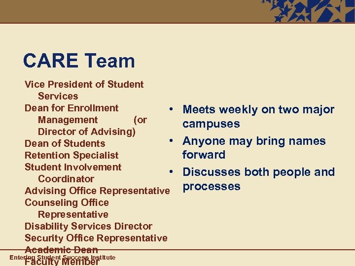 CARE Team Vice President of Student Services Dean for Enrollment • Management (or Director