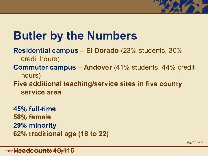 Butler by the Numbers Residential campus – El Dorado (23% students, 30% credit hours)