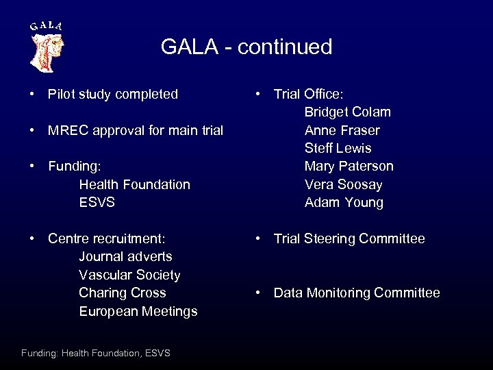 GALA - continued • Pilot study completed • MREC approval for main trial •