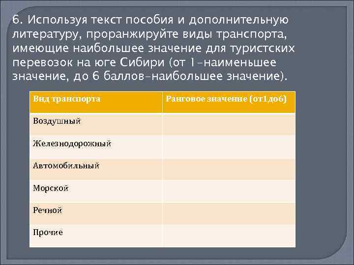 6. Используя текст пособия и дополнительную литературу, проранжируйте виды транспорта, имеющие наибольшее значение для