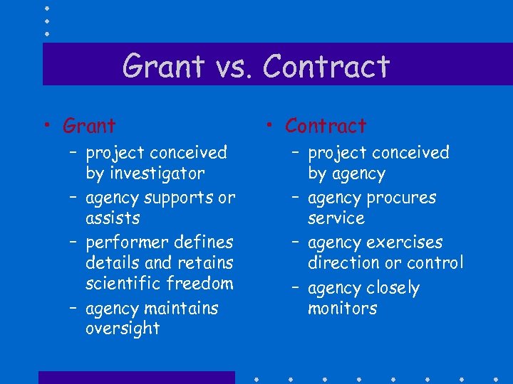 Grant vs. Contract • Grant – project conceived by investigator – agency supports or
