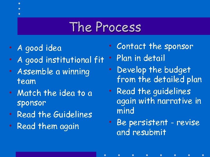 The Process • A good idea • A good institutional fit • Assemble a