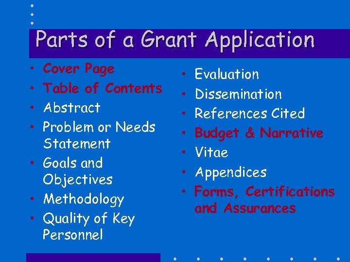 Parts of a Grant Application • • Cover Page Table of Contents Abstract Problem