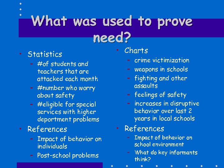 What was used to prove need? • Statistics – #of students and teachers that