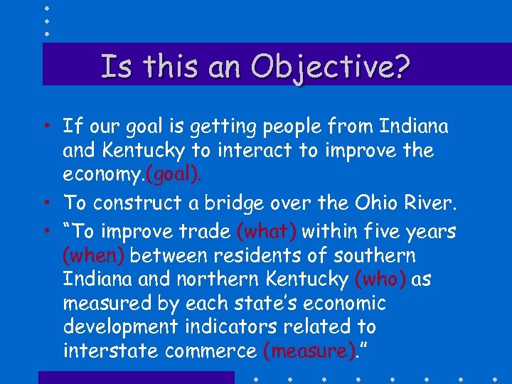 Is this an Objective? • If our goal is getting people from Indiana and
