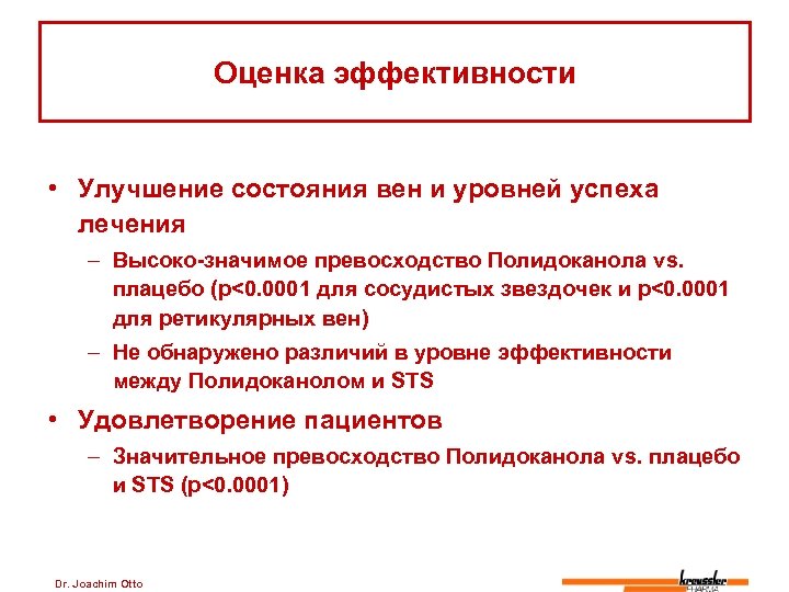 Оценка эффективности • Улучшение состояния вен и уровней успеха лечения – Высоко-значимое превосходство Полидоканола
