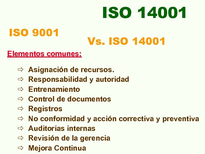 ISO 14001 ISO 9001 Vs. ISO 14001 Elementos comunes: ð ð ð ð ð