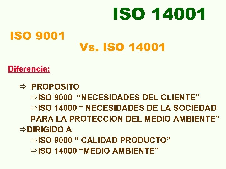 ISO 14001 ISO 9001 Vs. ISO 14001 Diferencia: ð PROPOSITO ðISO 9000 “NECESIDADES DEL