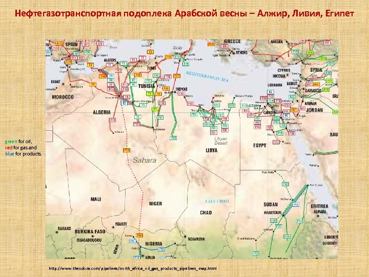 Нефтегазотранспортная подоплека Арабской весны – Алжир, Ливия, Египет green for oil, red for gas