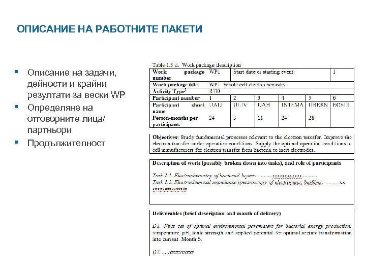 ОПИСАНИЕ НА РАБОТНИТЕ ПАКЕТИ § Описание на задачи, § § дейности и крайни резултати