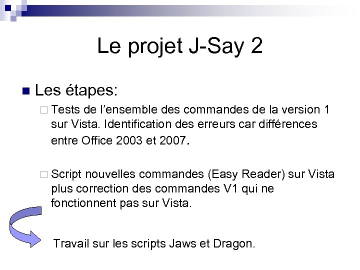 Le projet J-Say 2 n Les étapes: ¨ Tests de l’ensemble des commandes de