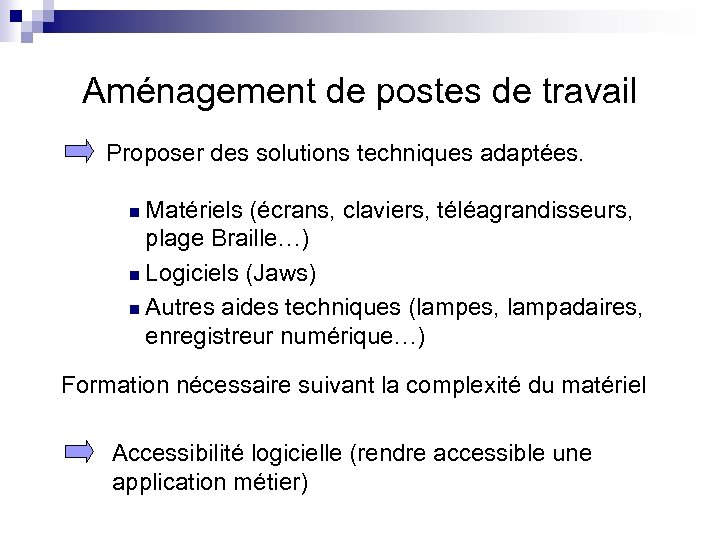 Aménagement de postes de travail Proposer des solutions techniques adaptées. Matériels (écrans, claviers, téléagrandisseurs,