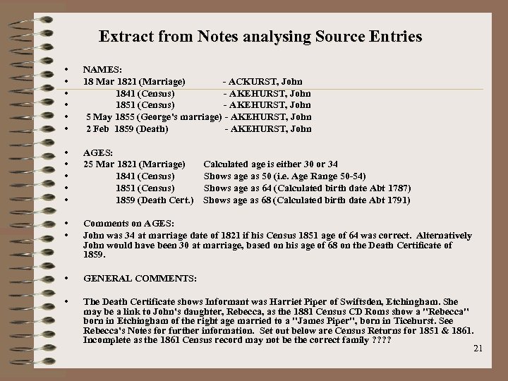 Extract from Notes analysing Source Entries • • • NAMES: 18 Mar 1821 (Marriage)