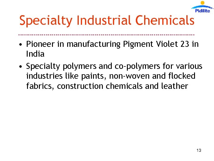 Specialty Industrial Chemicals --------------------------------------------- • Pioneer in manufacturing Pigment Violet 23 in India •