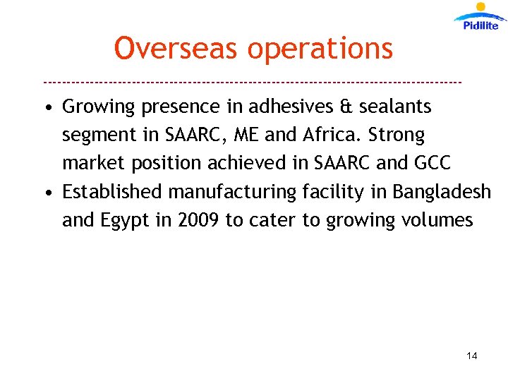 Overseas operations --------------------------------------------- • Growing presence in adhesives & sealants segment in SAARC, ME