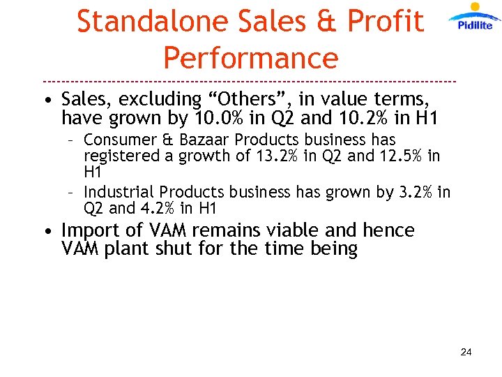 Standalone Sales & Profit Performance --------------------------------------------- • Sales, excluding “Others”, in value terms, have