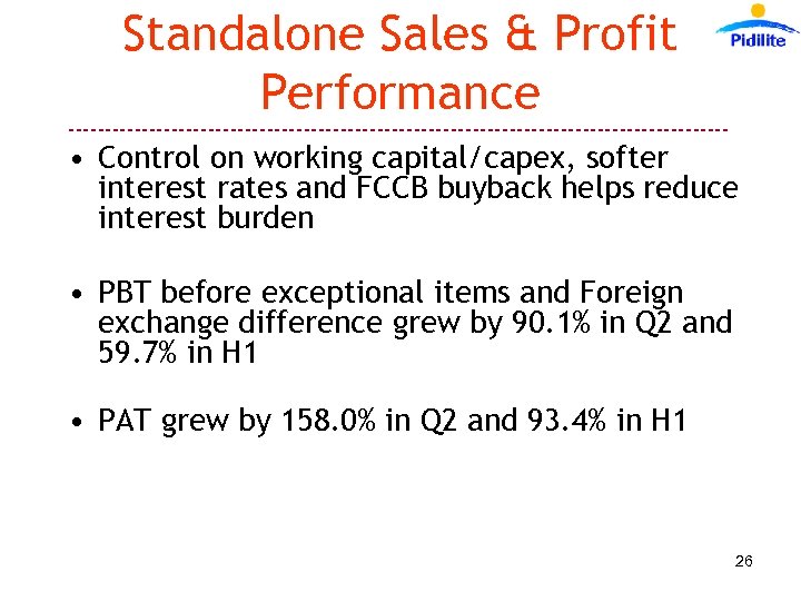 Standalone Sales & Profit Performance --------------------------------------------- • Control on working capital/capex, softer interest rates