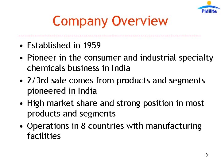 Company Overview --------------------------------------------- • Established in 1959 • Pioneer in the consumer and industrial