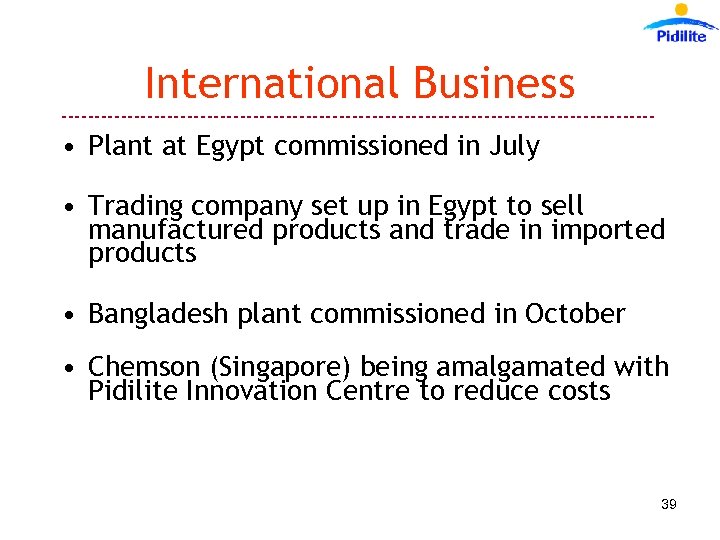 International Business --------------------------------------------- • Plant at Egypt commissioned in July • Trading company set