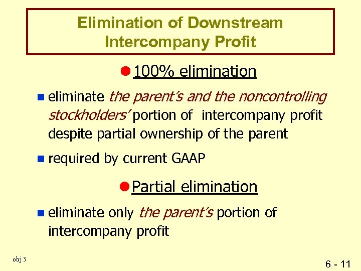 Elimination of Downstream Intercompany Profit l 100% elimination the parent’s and the noncontrolling stockholders’