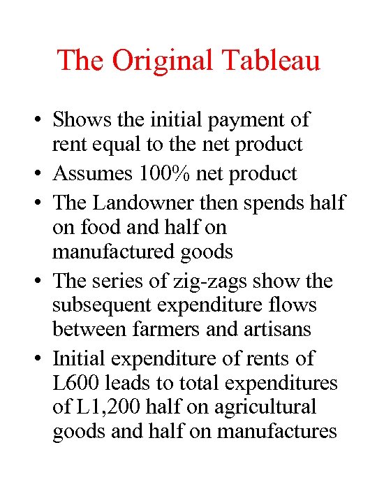 The Original Tableau • Shows the initial payment of rent equal to the net