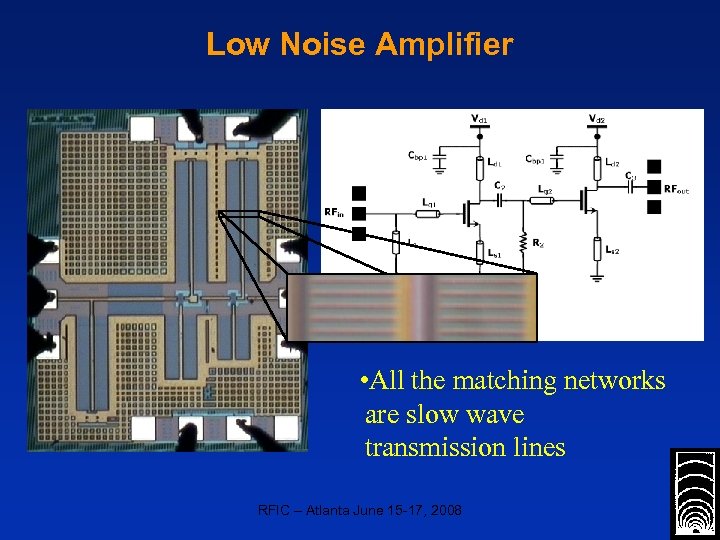 Low Noise Amplifier • All the matching networks are slow wave transmission lines RFIC